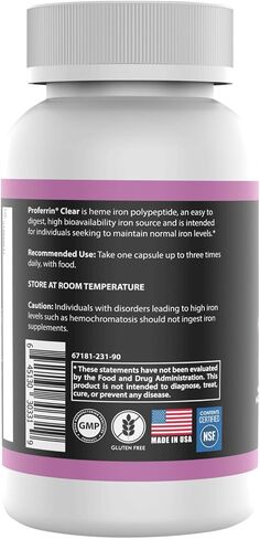 Proferrin Clear 30ct | US Made heme Iron for high Absorption, Easy on GI Tract | Natural, NSF Certified, dye Free in Saudi Arabia