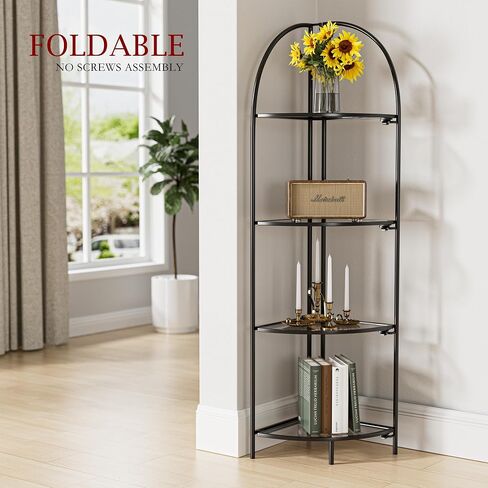 Foldable Corner Display Rack Multipurpose Shelving Unit, Corner Plant Stand with Metal Frame and Transparent Tempered Glass, Corner Shelf Stand (Gold & Transparent Glass, 4 Tier) in Saudi Arabia