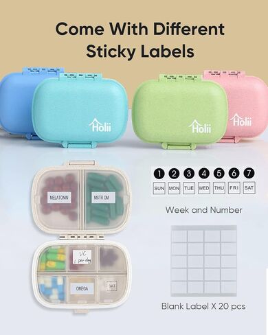 Holii 8 Compartments Travel Pill Organizer, Pocket Pharmacy for Purse Daily Pill Box Portable Medicine Organizer Vitamin Holder Container (Blue) in Kuwait