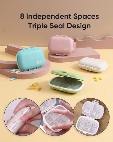 Holii 8 Compartments Travel Pill Organizer, Pocket Pharmacy for Purse Daily Pill Box Portable Medicine Organizer Vitamin Holder Container (Blue) in Kuwait