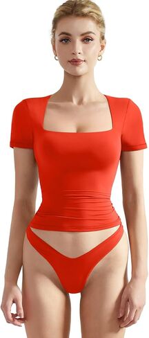 SUUKSESS Women Double Lined Fitted Basic Tee Square Neck Short Sleeve Y2K Crop Top in Saudi Arabia