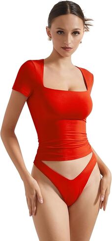 SUUKSESS Women Double Lined Fitted Basic Tee Square Neck Short Sleeve Y2K Crop Top in Saudi Arabia