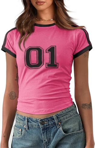 Imily Bela Womens Summer Crop Tops Y2k Baby Tees Cute Letter Print Short Sleeve Vintage T Shirt in Saudi Arabia