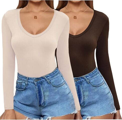Zeagoo 2 Pack Women's Long Sleeve V Neck Slim Fit T Shirts Basic Tight Trendy Shirts 2024 Going Out Athletic Stretch Tops in Saudi Arabia