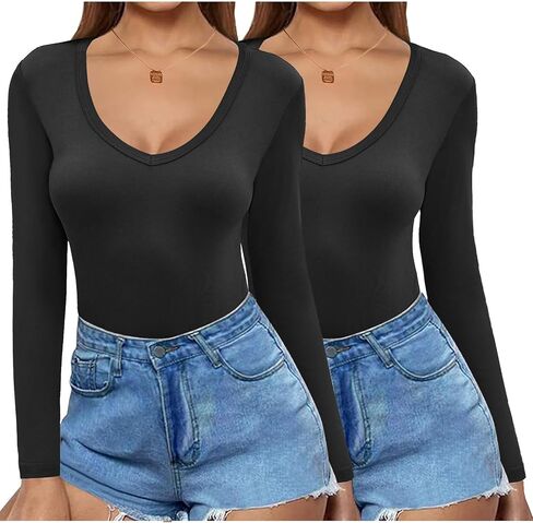 Zeagoo 2 Pack Women's Long Sleeve V Neck Slim Fit T Shirts Basic Tight Trendy Shirts 2024 Going Out Athletic Stretch Tops in Saudi Arabia