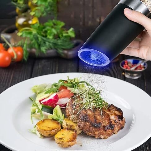 Electric Salt and Pepper Grinder Set, Gravity Sensor, Automatic Pepper Mill, One Hand Operation, Battery-Operated with Adjustable Coarseness, Blue Led Light (Black 1 Pack) in Kuwait