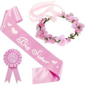3Pcs Big Sister Accessory Set, Including Flower Crown, Big Sister Satin Sash and Badge Pin