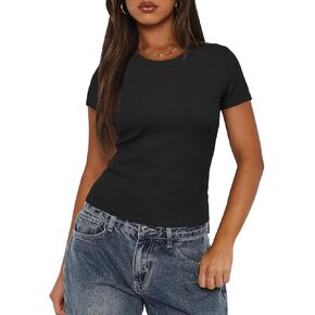 Darong Women Summer Short Sleeve Shirts Crewneck Striped Color Block T Shirts Slim Fit Ribbed Knit Basic Tee Tops