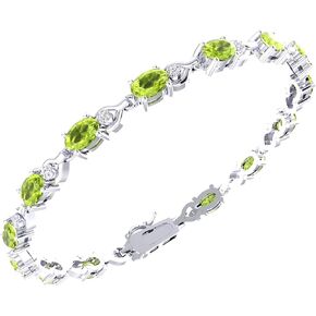 Tennis Bracelet for Women, 925 Sterling Silver Rhodium Plating with 6x4mm Oval Precious/Semi-Precious Birthstone Gemstones and 1.5mm Round Diamond, Bezel Style with Lobster Claw