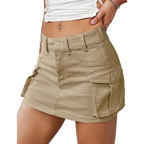 Women Denim Cargo Skirt Y2K, Mini Low Waist Jean Shirts Bodycon Flap Pockets 2024 Trendy Short