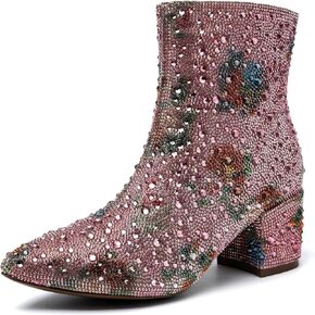 Rhinestone Zipper Sparkling Ankle Boots - Glitter Pointed Toe Fashion Comfortable Shoes, Pull on Chunky Heel Western Boots in Saudi Arabia