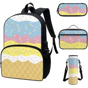 FOR U DESIGNS Backpack for Kids with Lunch Box and Pencil Case & Water Bottle Cover 17" School Bag Red Vehicle Print Bookbag 4 Piece Set