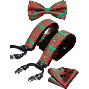YOHOWA Mens Christmas Suspenders Set Adjustable Y Braces Pre-Tied Bow Tie Pocket Square Cufflinks Xmas Party Vacation Holiday in Kuwait