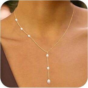 Lariat Gold Necklace for Women: Dainty Pearl Necklace 14k Gold Plated/Silver Y-Shaped Pendant Long Necklace Fashion Layered Simple Gold Necklace Jewelry For Women Trendy