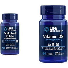 Life Extension Brain & Heart Health Folate and Magnesium Supplement Bundle, 100 Tablets and 100 Capsules