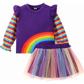 Popshion Girls Tulle Skirt Set Long Sleeve Sweatshirt+Tutu Dress Birthday Party Outfit Kids Fall Winter Clothes Set 1-8 Years