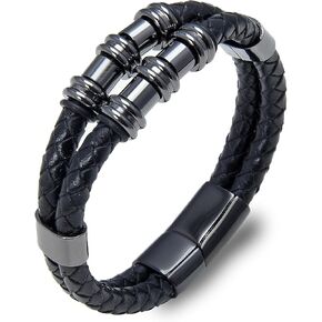 Leather Bracelet for Men Multi-Layer Braided Leather Bracelet Stainless Steel Bangle Bracelet Wristband Jewelry Gifts for Men