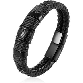 Mens Leather Bracelet With Black Leather Wristband Stainless Steel Clasp Cuff Bangle for Men Great Gifts