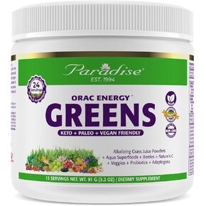 مستخلص مسحوق Paradise ORAC Energy Greens، مضادات أكسدة فائقة، بروبيوتيك لصحة الأمعاء والهضم، فيتامين C للمناعة، مع سبيرولينا وكلوريلا، غير معدل وراثيًا، خالي من الغلوتين، 60 حصة