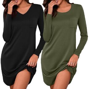 2 Pack Women's V Neck and Crewneck Nightgowns, Long Sleeve Sleepshirts Dress Soft Casual Nightshirt Comfy Sleepwear