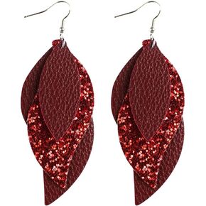 Glitter Layered Leather Leaf Earrings for Women Girls Vintage Shiny Sequins Long Big Wave Statement Drop Dangle Hook Stud Lightweight Handmade Bohemian Christmas Festival Ornament Jewelry