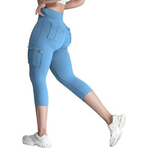 Sumleno Cargo Capri Leggings with Pockets for Women High Waist Tummy Control Scrunch Butt Lifting Workout Running Pants