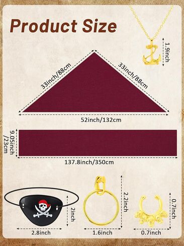 2 Pieces Pirate Costume Accessories Pirate Hat Pirate Head Scarf Pirate Scarf Sash Belt Waist Bandana in Kuwait