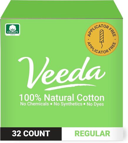 Veeda 100% Natural Cotton Applicator Free Regular Tampons, Unscented, 32 Count in Kuwait