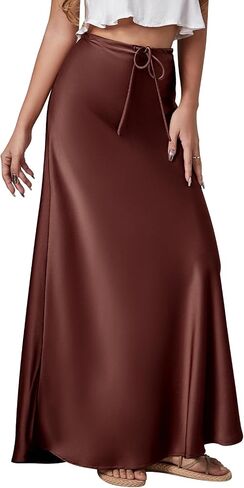 تنورة حريرية طويلة للسيدات لربيع وصيف من الحرير الساتان بخصر عالٍ برباط وكشكشة على شكل حرف A تنورة طويلة in Saudi Arabia