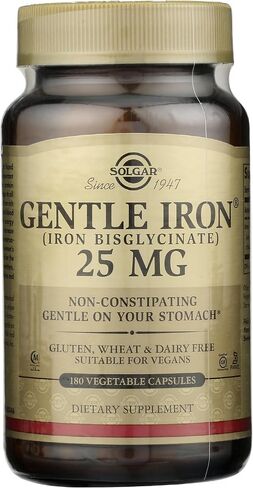 Solgar Gentle Iron - مثالي للمعدة الحساسة، مكمل لخلايا الدم الحمراء، غير مسبب للإمساك والكائنات المعدلة وراثيًا، نباتي، خالي من الغلوتين ومنتجات الألبان، كوشير - 180 وجبة، بدون نكهة، 180 قطعة in Kuwait