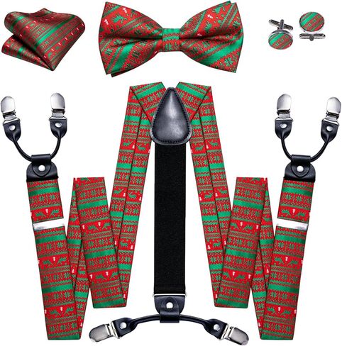 YOHOWA Mens Christmas Suspenders Set Adjustable Y Braces Pre-Tied Bow Tie Pocket Square Cufflinks Xmas Party Vacation Holiday in Kuwait
