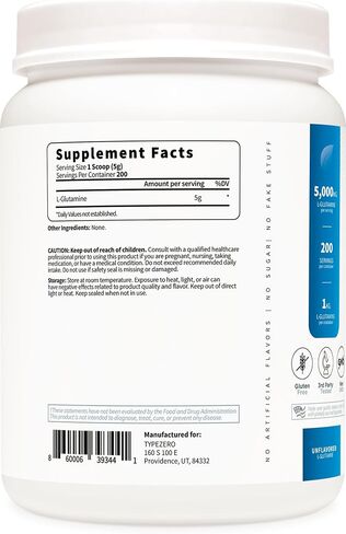مسحوق الجلوتامين 5X Strength L (5000 مجم | 1 كجم) مكمل جلوتامين L نقي لمدة 6 أشهر لصحة الأمعاء المتسربة، ودعم وتعافي بطانة الجهاز الهضمي للنساء والرجال - نباتي، خالي من الغلوتين، بدون مواد حشو in Kuwait
