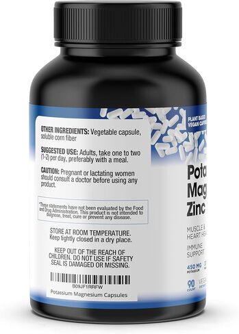 Magnesium Potassium Supplements w/Zinc - 90 Capsules - Magnesium Potassium Zinc for Vascular Health – High Absorption Vegan Potassium Magnesium Supplement for Leg Cramps & Sleep in Kuwait