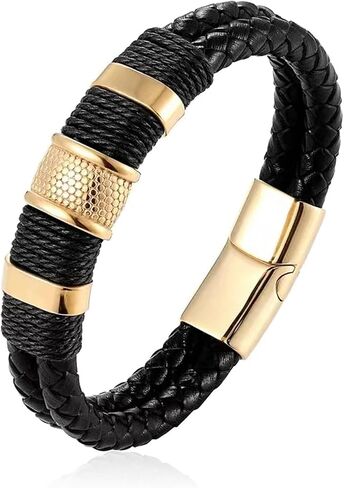 Mens Leather Bracelet With Black Leather Wristband Stainless Steel Clasp Cuff Bangle for Men Great Gifts in Saudi Arabia