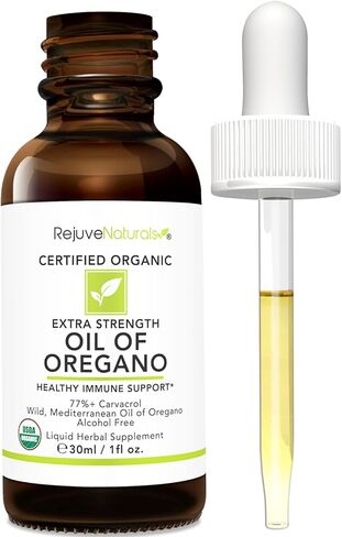 RejuveNaturals Extra Strength Oil of Oregano, USDA Organic, 1 fl oz (30ml Liquid) Wild, Mediterranean Oregano Oil. Concentrated Immune Support Drops. Gluten Free, Vegan & Non-GMO. Min 77% Carvacrol in Saudi Arabia