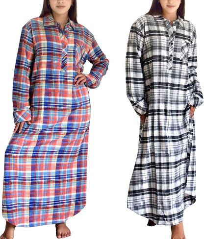 Sexy Basics Womens Flannel Sleep Shirt | Night Gown | Long Henley Soft Nightshirt Pajama -Multi Packs in Kuwait