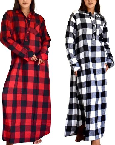 Sexy Basics Womens Flannel Sleep Shirt | Night Gown | Long Henley Soft Nightshirt Pajama -Multi Packs in Kuwait