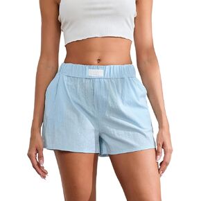 XBTCLXEBCO Boxer Shorts for Women Y2K Elastic Waist Solid Color Lounge Pajama Shorts Loose Wide Leg Pj Bottoms with Pockets