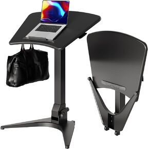 Mobile Standing Desk, Small Rolling Standing Desk, Pneumatic Height Adjustable Sit-Stand Desk with 90° Tiltable, Portable Mobile Workstation, with Non-Slip Computer Stand, White