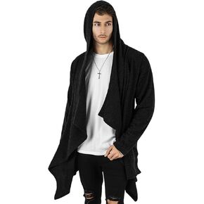GIVON Mens Hooded Cardigan Ruffle Shawl Collar Drape Cape Overcoat with Pockets & Oversized Hood
