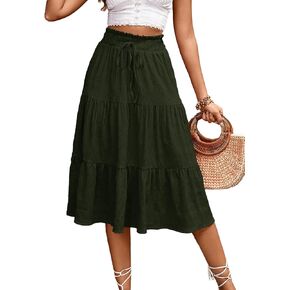 HELYO Women's Casual Summer Skirts Boho High Elastic Waisted Flowy Drawstring Ruched A Line Tiered Midi Dress Skirt