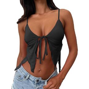 VASAUGE Women's Summer Sexy Backless Tie Front Crop Tops Deep V Neck Spaghetti Strap Cami Top
