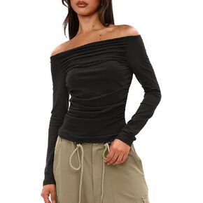 Darong Women Off Shoulder Shirts Long Sleeve Ruched Going Out Tops Trendy Slim Fit Fall Blouses Y2K Tops