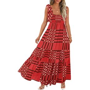 Women's Summer Maxi Dress Boho Spaghetti Straps Casual Long A-line Smocked Beach Dress Square Neck Flowy Sun Dress