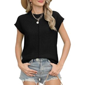 Womens Summer Cap Sleeve Tops Casual Crew Neck Loose Fit Lightweight Knit Sweater Pullover Top
