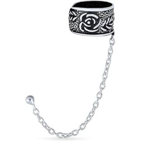 Unisex Celtic Viking Scroll Swirl Sun Trinity Triskele Bali Wrap Cartilage Ear Cuff Chain Pierced Ear Stud Earring For Women Teens Men Oxidized .925 Sterling Silver