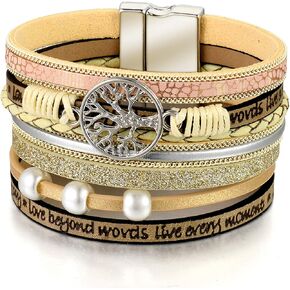 سوار من الجلد ذو طبقات بوهو بوهيمي أساور واسعة ملفوفة على شكل شجرة الحياة مجوهرات معصم للنساء in Kuwait