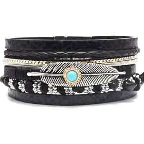 Feather Leather Wrap Bracelets for Women Handmade Braided Boho Multi-Layer Bracelet Wristband Cuff Bangle Birthday Jewelry
