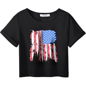 Arshiner Girls July 4th American Flag T Shirts Crop Top Short Sleeve Shirt Tee