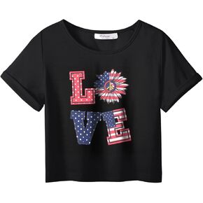 Arshiner Girls July 4th American Flag T Shirts Crop Top Short Sleeve Shirt Tee